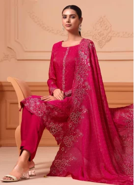 Fancy Fabric Embroidered Work Straight Suit in Red