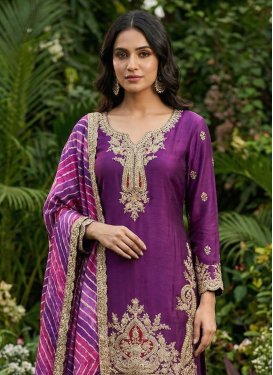 Embroidered Work Chinon Punjabi Salwar Suit in Purple for Women