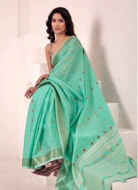 Woven Work Linen Trendy Saree in Turquoise for Women