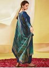 Embroidered Work Cotton Satin Navy Blue and Teal Pant Style Straight Salwar Kameez - 2
