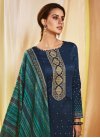 Embroidered Work Cotton Satin Navy Blue and Teal Pant Style Straight Salwar Kameez - 3