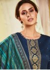 Embroidered Work Cotton Satin Navy Blue and Teal Pant Style Straight Salwar Kameez - 1