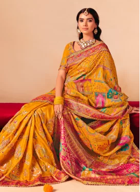 Embroidered Work Dola Silk Classic Saree in Mustard for Bridal