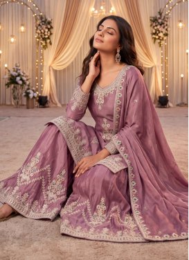 Chinon Palazzo Suit in Mauve Pink with Embroidered Work for Women