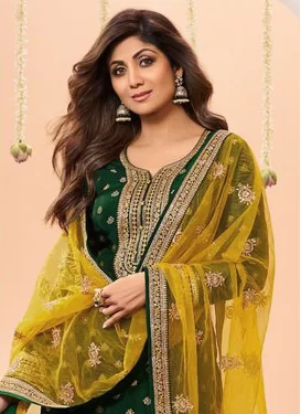 Shilpa Shetty Embroidered Work Chinon Punjabi Salwar Suit in Green for Women
