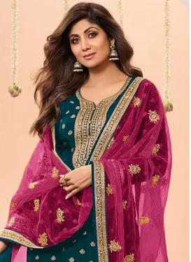 Shilpa Shetty Embroidered Work Punjabi Salwar Suit For Ceremonial in Teal