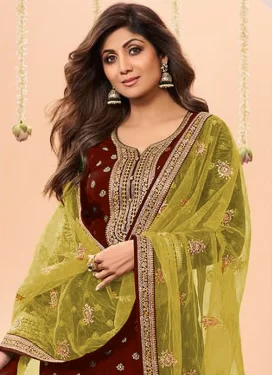 Shilpa Shetty Embroidered Work Punjabi Salwar Suit For Ceremonial in Maroon