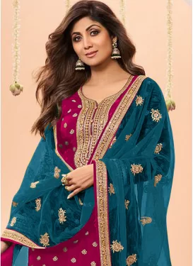 Shilpa Shetty Chinon Embroidered Work Punjabi Salwar Suit in Rose Pink