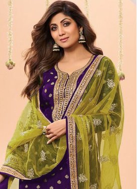 Shilpa Shetty Embroidered Work Chinon Punjabi Salwar Suit in Purple for Women