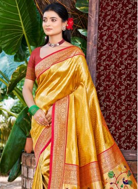 Kanjivaram Silk Classic Saree in Mustard and Red with Woven Work for Ceremonial