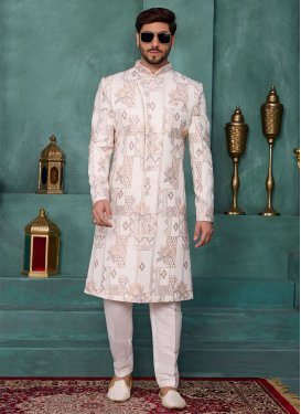 Art Silk Wedding Sherwani with Beads Work in Cream