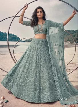 Aqua Blue Net Embroidered Work Trendy Lehenga Choli for Women