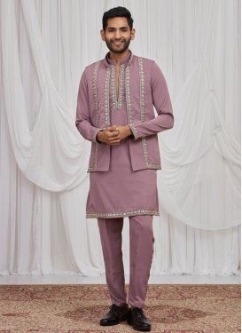 Fancy Fabric Kurta Pajama With Jacket with Beads Work for Men in Mauve Pink