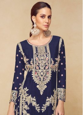 Embroidered Work Chinon Palazzo Suit in Navy Blue for Women