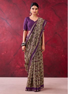 Chanderi Silk Traditional Saree in Cream and Purple with Digital Print Work for Women