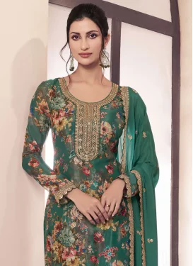 Prachi Desai Chinon Straight Suit with Digital Print Work in Green
