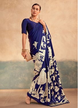 Digital Print Work Satin Silk Classic Saree in Cream and Navy Blue for Women