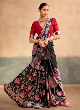Satin Silk Digital Print Work Classic Saree in Black and Red