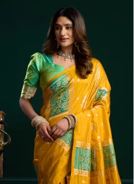 Mustard and Sea Green Banarasi Silk Woven Work Traditional Saree for Women
