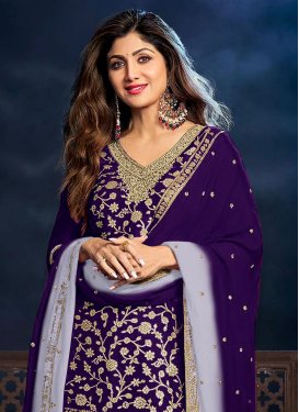 Shilpa Shetty Embroidered Work Straight Suit For Festival in Purple