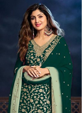 Shilpa Shetty Embroidered Work Straight Suit For Festival in Green