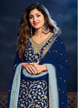 Shilpa Shetty Embroidered Work Straight Suit For Ceremonial in Navy Blue