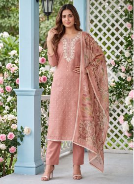 Cotton Silk Straight Suit with Embroidered Work for Ceremonial in Peach