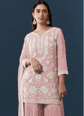 Georgette Sharara Suit with Embroidered Work for Festival in Salmon