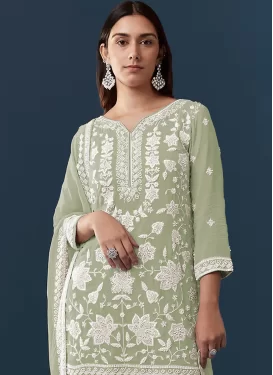 Embroidered Work Georgette Sharara Suit in Mint Green for Women