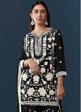 Embroidered Work Sharara Suit For Party in Black