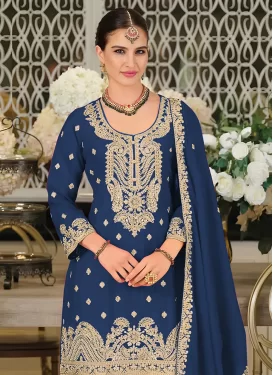 Embroidered Work Chinon Palazzo Suit in Navy Blue for Women