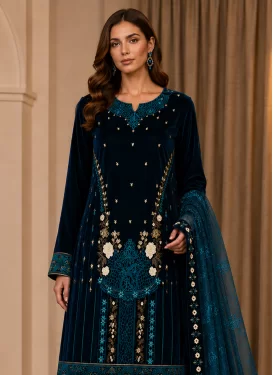 Velvet Sharara Suit with Embroidered Work in Teal