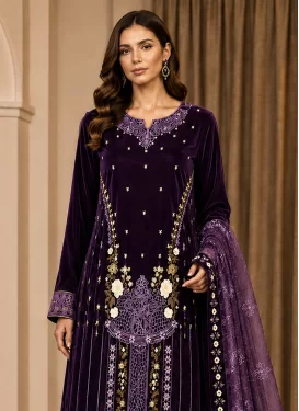 Velvet Sharara Suit with Embroidered Work for Ceremonial in Purple