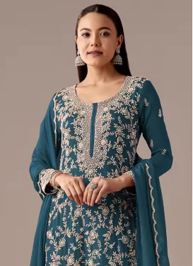 Georgette Palazzo Suit with Embroidered Work in Teal