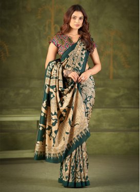 Tussar Silk Trendy Saree with Digital Print Work for Women in Cream and Green