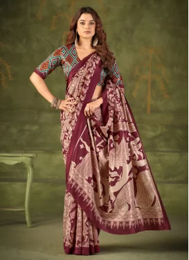 Tussar Silk Trendy Saree in Beige and Maroon with Digital Print Work for Women