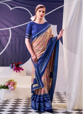 Tussar Silk Traditional Saree in Navy Blue and Salmon with Digital Print Work for Women