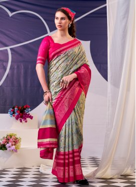 Tussar Silk Traditional Saree with Digital Print Work for Women in Grey and Rose Pink