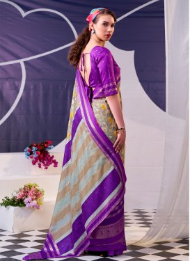 Tussar Silk Traditional Saree in Beige and Violet with Digital Print Work for Women