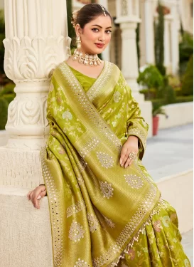 Olive Viscose Traditional Saree with Swarovski Work for Bridal