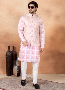 Art Silk Kurta Pajama With Jacket in Pink and White with Digital Print Work for Men