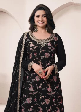 Prachi Desai Embroidered Work Chinon Palazzo Suit in Black for Women