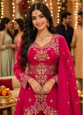 Crepe Silk Palazzo Suit with Embroidered Work in Rose Pink for Festival