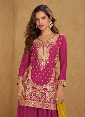 Chinon Palazzo Suit with Embroidered Work in Fuchsia