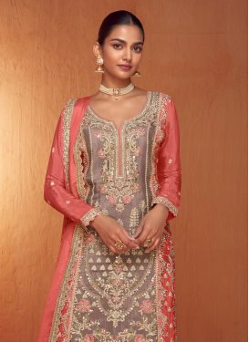 Chinon Palazzo Suit with Embroidered Work for Women in Brown and Salmon