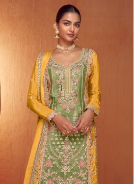 Embroidered Work Palazzo Suit For Ceremonial in Mustard and Olive