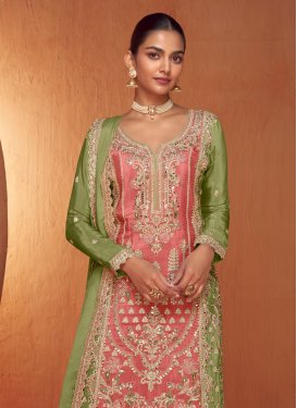 Chinon Palazzo Suit with Embroidered Work in Olive and Salmon