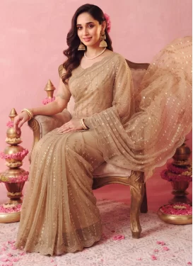 Net Traditional Saree with Embroidered Work in Beige
