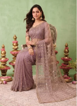 Net Traditional Saree with Embroidered Work in Mauve