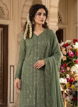 Georgette Straight Suit with Embroidered Work for Women in Olive